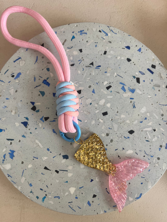 Pink bag charm in gold mermaid