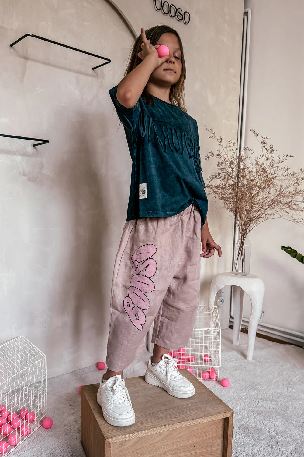 Linen culotes pants with pink detail