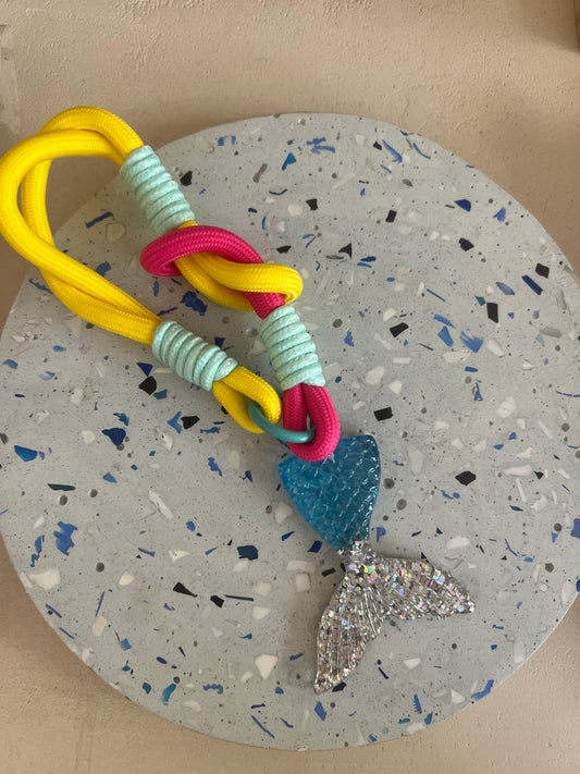 Yellow bag charm with blue mermaid