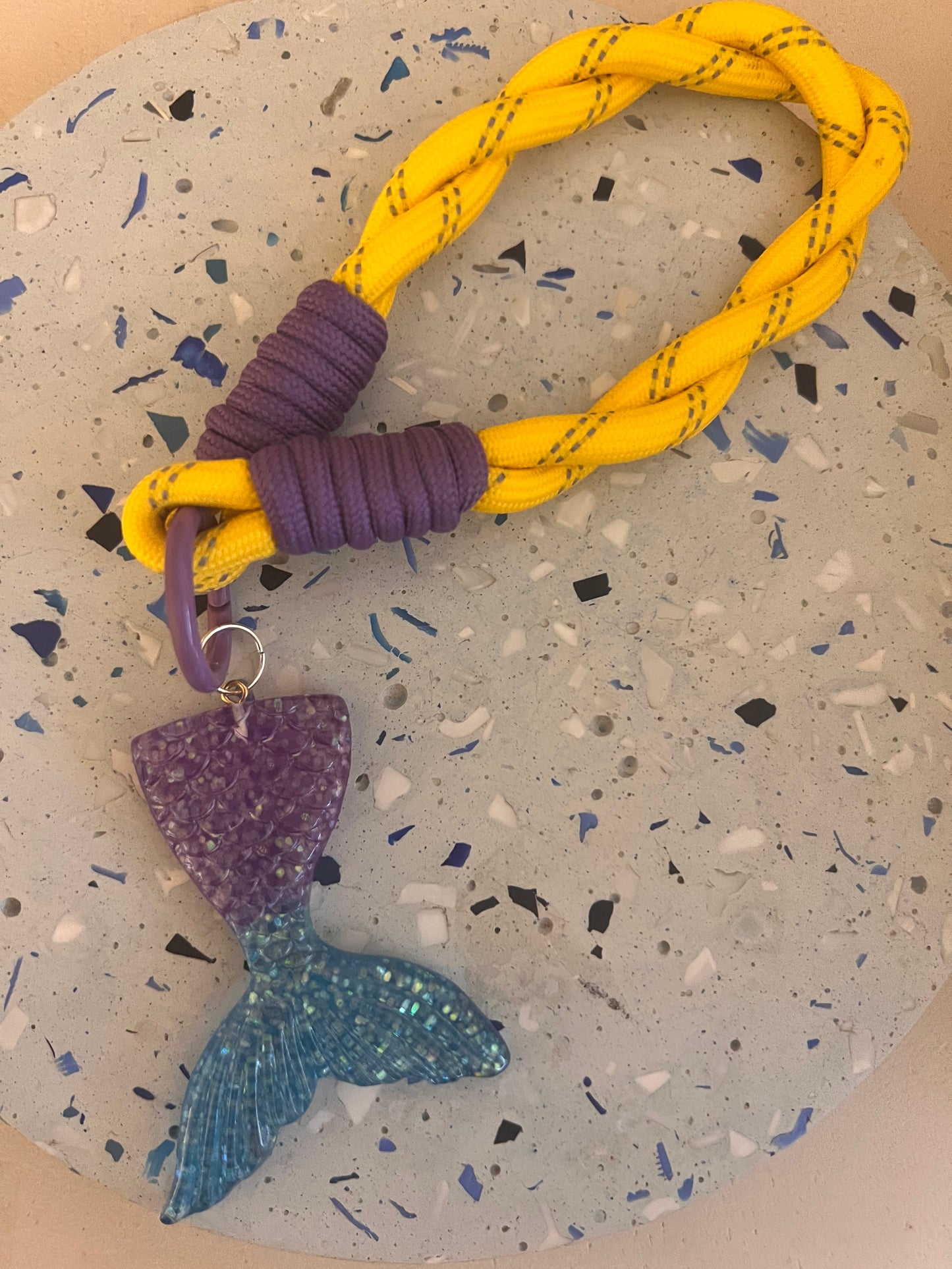 Yellow bag charm with purple mermaid