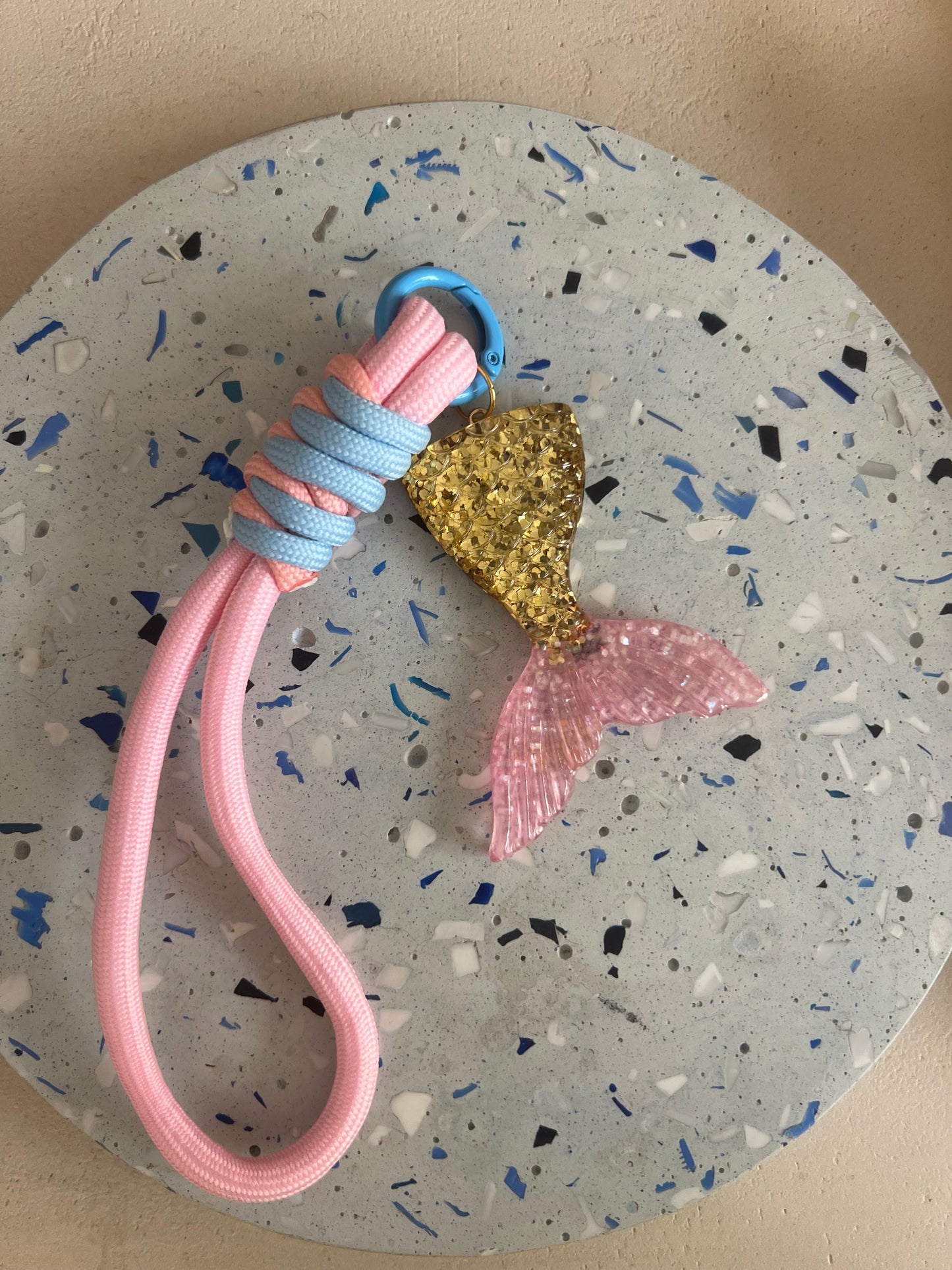 Pink bag charm in gold mermaid