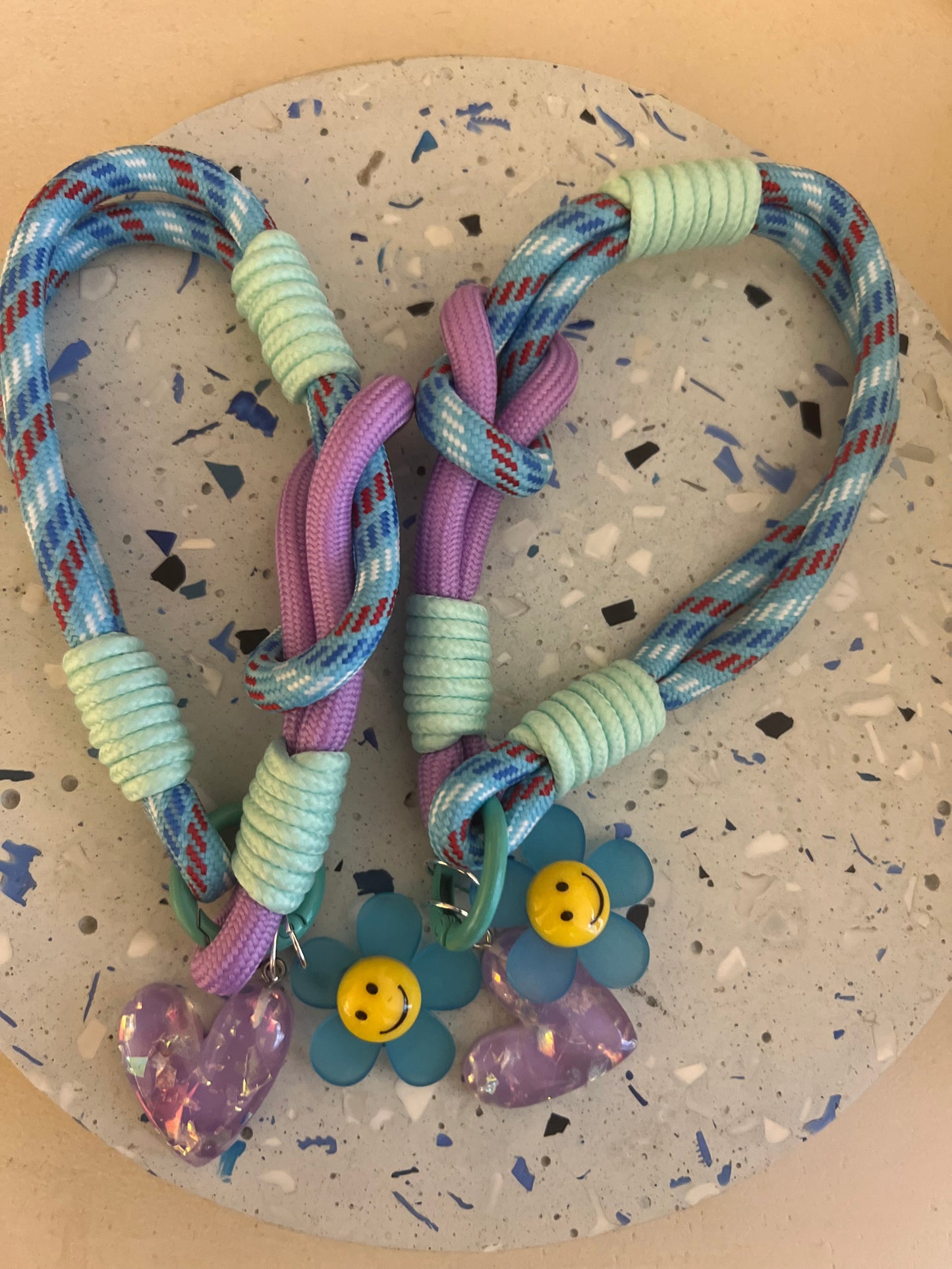 Blue bag charm with purple heart & flower smiley