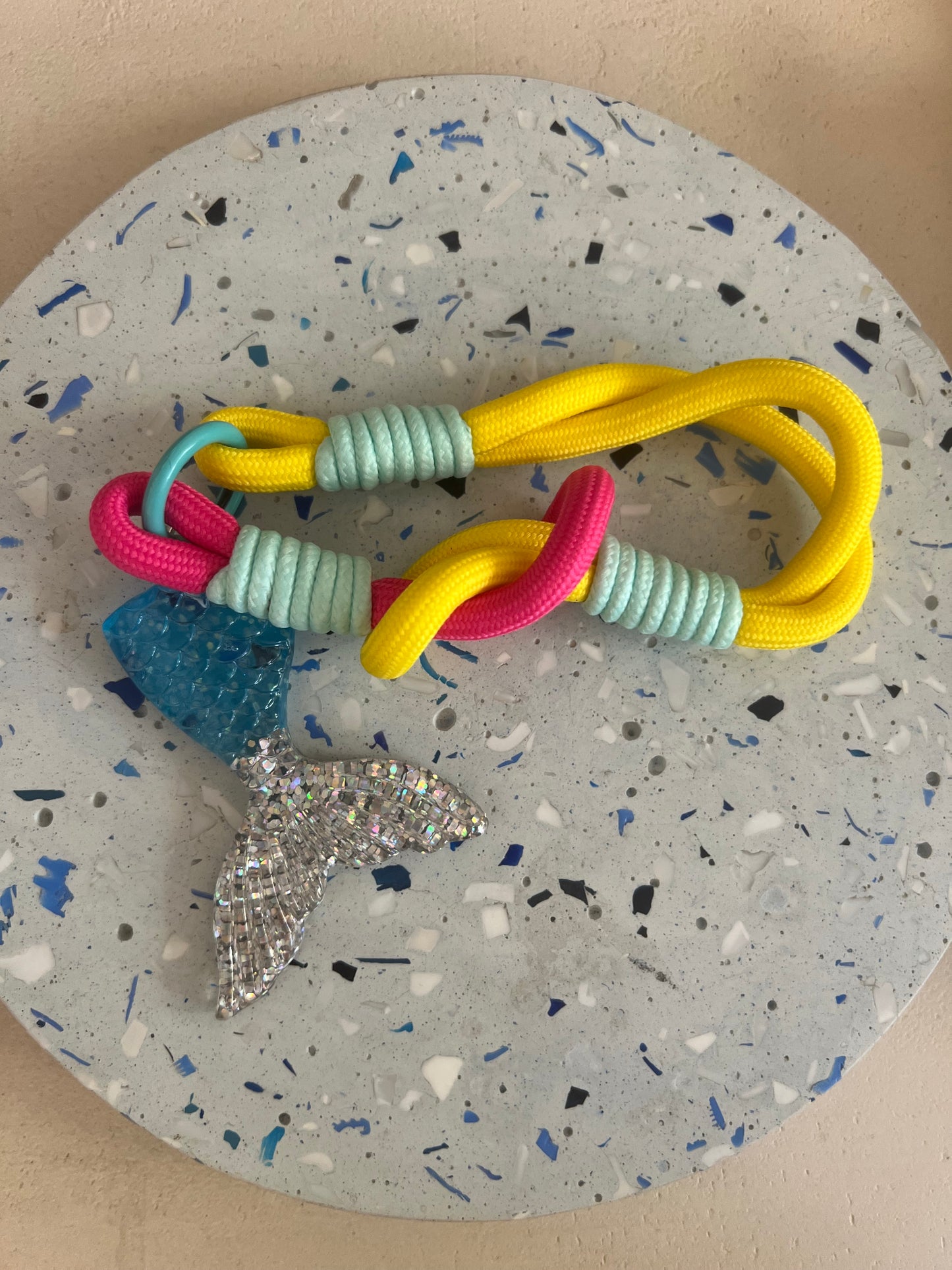 Yellow bag charm with blue mermaid