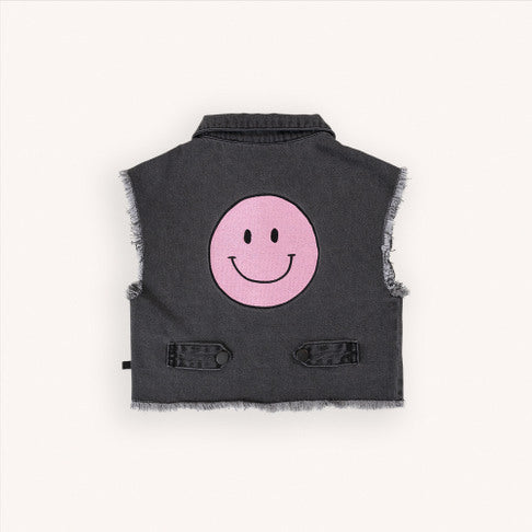 Happy face pink jacket sleeveless with embroidery