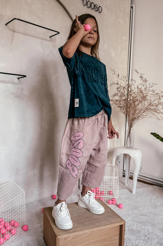 Linen culotes pants with pink detail