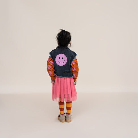 Happy face pink jacket sleeveless with embroidery