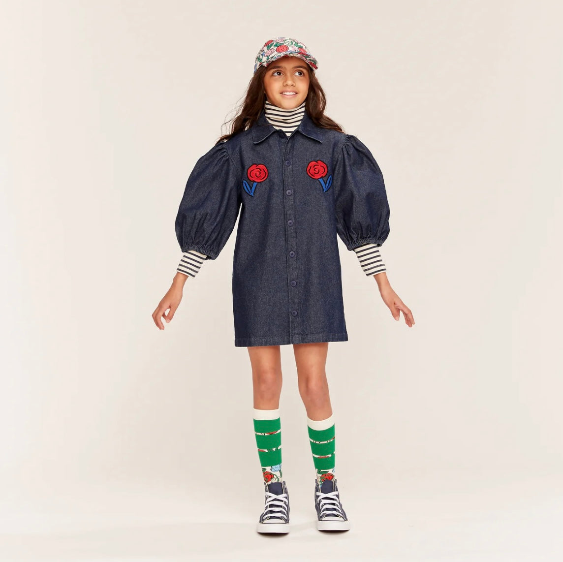 Anka navy blue shirt dress with roses details