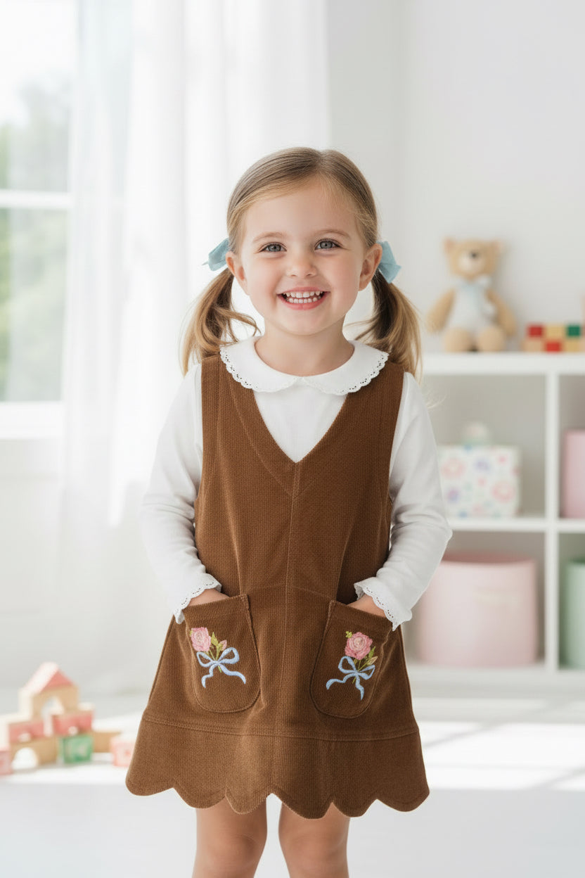 A brown corduroy vest with a scalloped hem, featuring two front pockets decorated with pink rose and blue bow embroidery, shown on a plain white background.